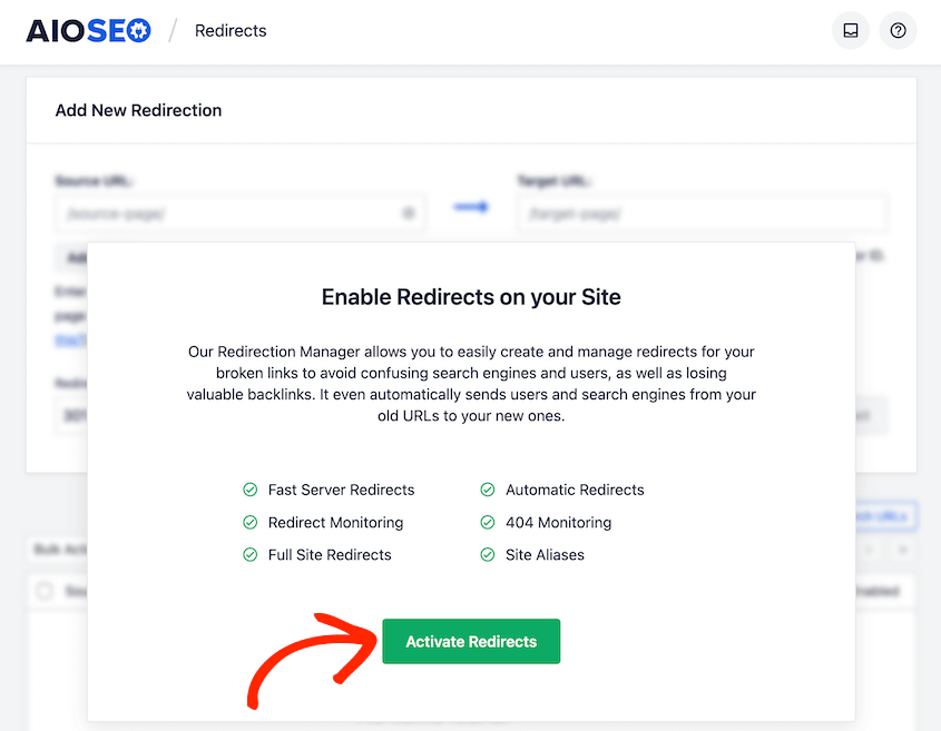 Activate AIOSEO redirection manager