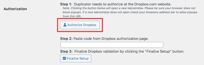 Authorize Dropbox