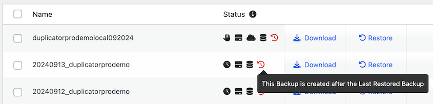 Warning that backup was created after last restored backup