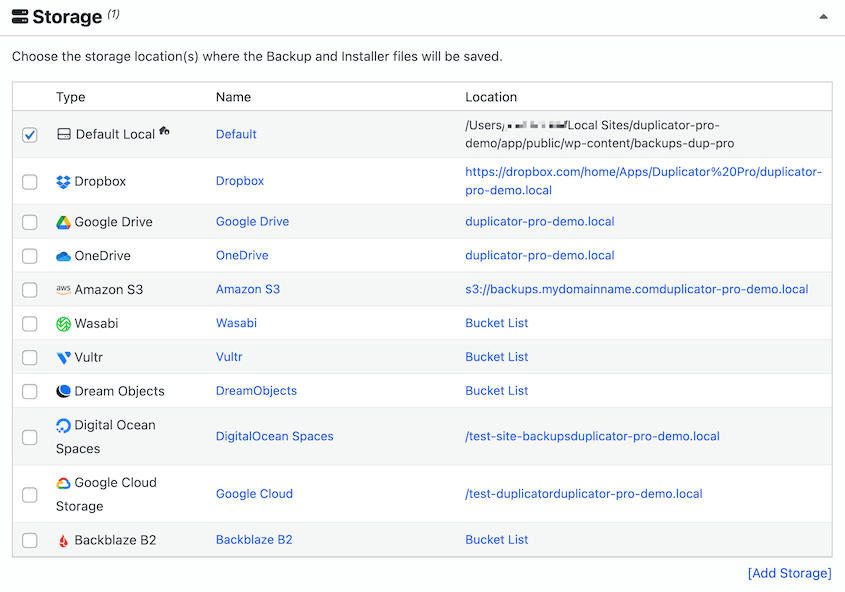 Backup storage locations