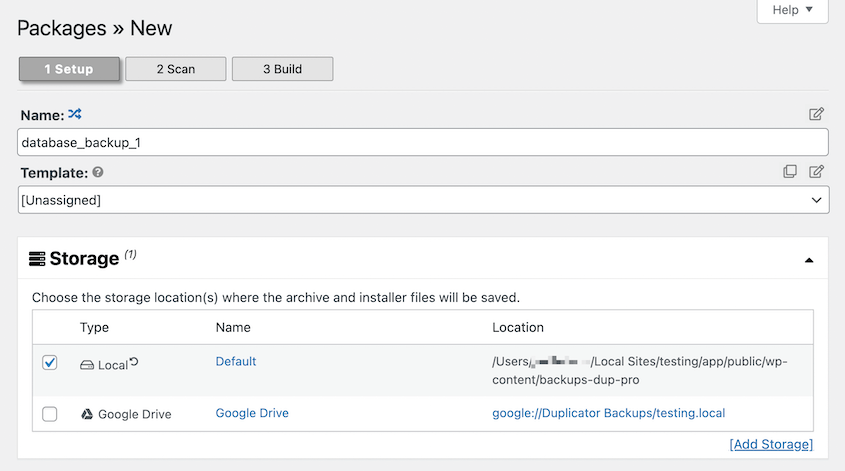 Database backup storage location