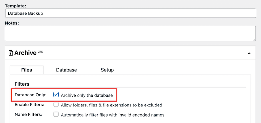 Database backup template