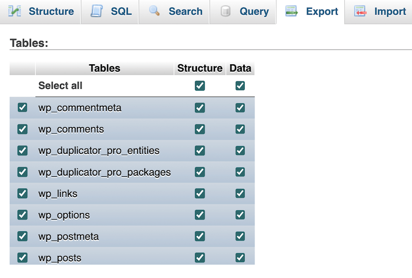 Custom database tables export