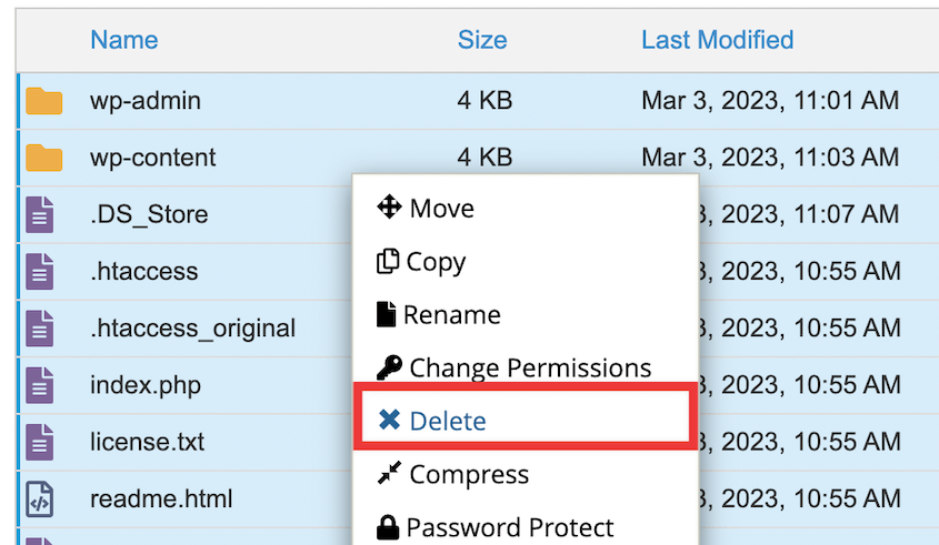 Delete site files