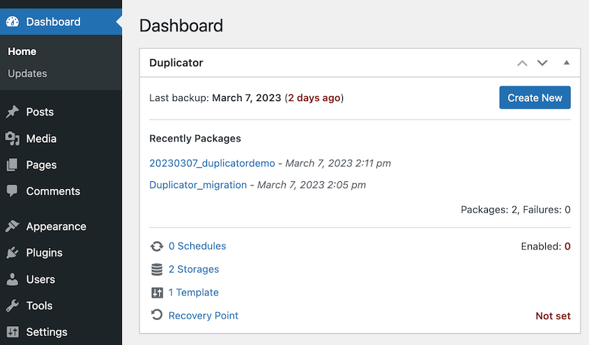 Duplicator dashboard widget