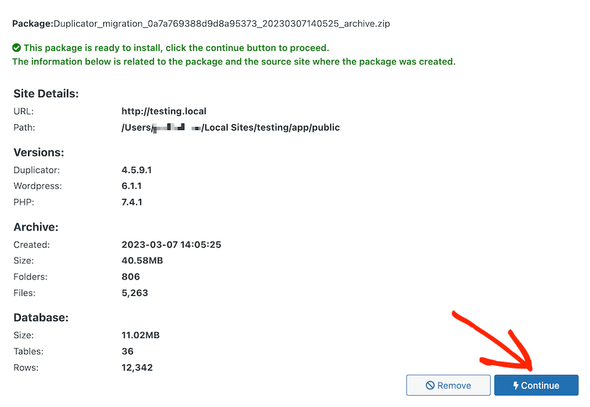 Duplicator imported package