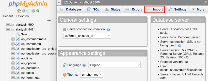 phpMyAdmin import database