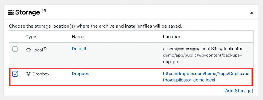 Select Dropbox storage