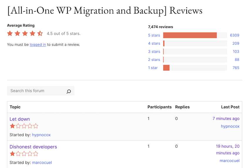 All-in-One WP Migration reviews on WordPress.org