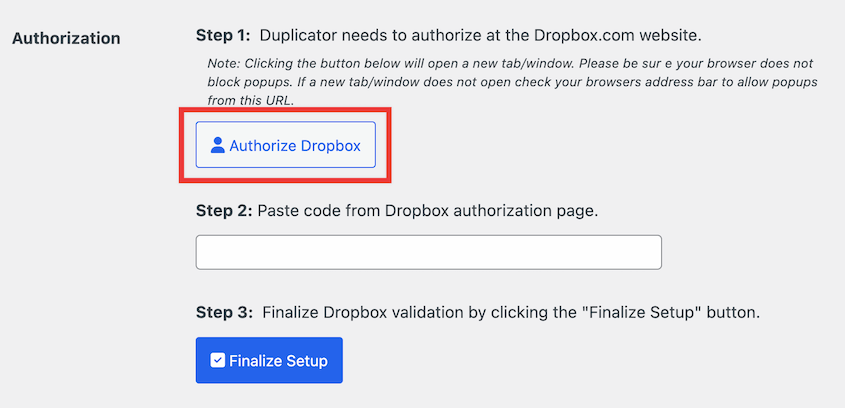 Authorize Dropbox storage