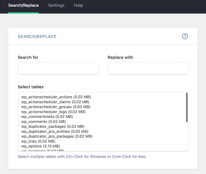 Better Search Replace settings