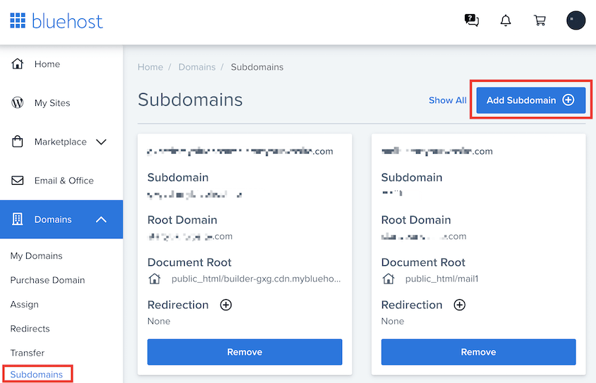 Bluehost add staging subdomain