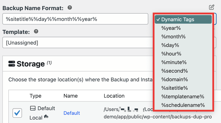 Duplicator dynamic backup tags