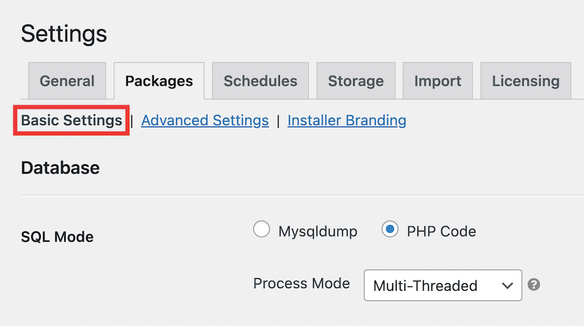 Duplicator package settings