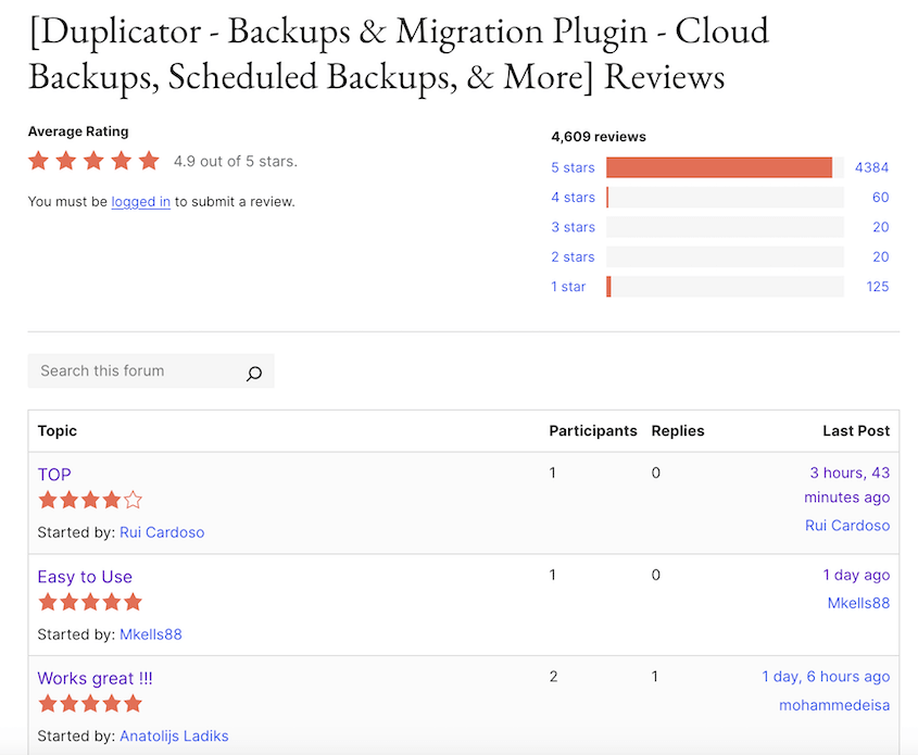 Duplicator WordPress.org reviews