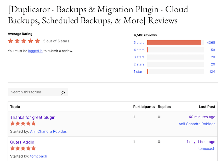 Duplicator reviews on WordPress.org