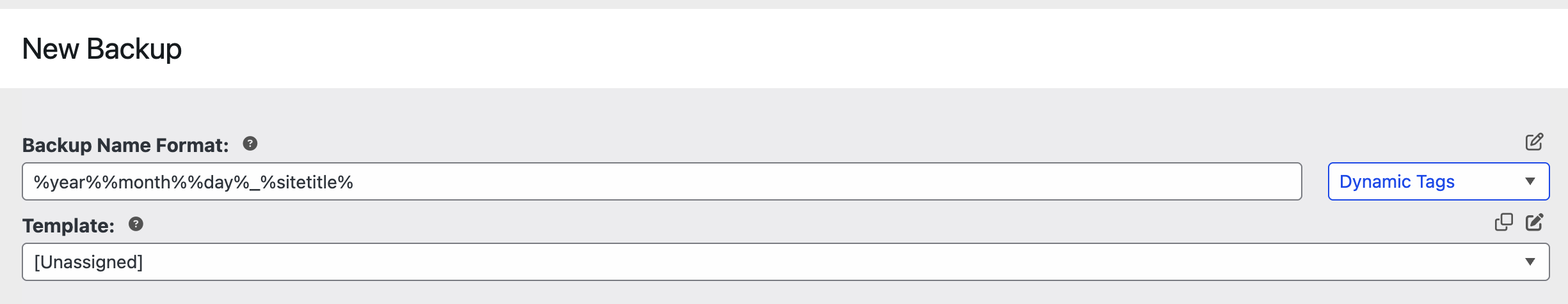 Screenshot di un modulo 'Nuovo backup' che mostra il formato del nome del backup con i token %year% %month% y% %sitename% e il modello impostato su [Non assegnato].