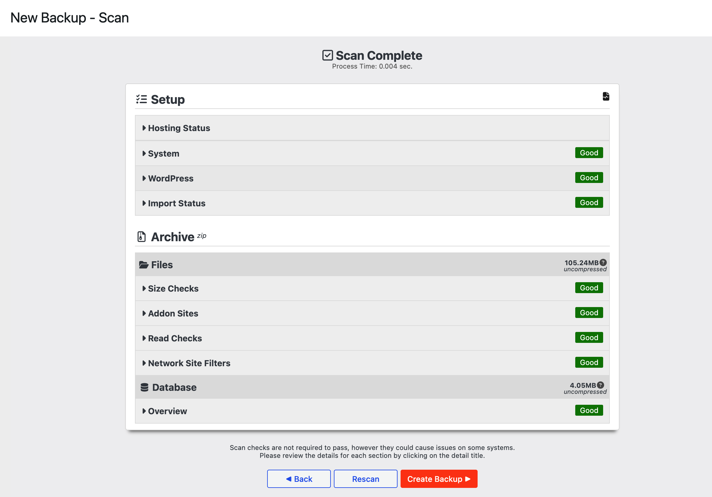 Markup il 18-08-2026 alle 213758 - Duplicator Schermata Nuovo backup con un banner Scansione completata e una checklist di configurazione multi-sezione (Stato hosting, Sistema, WordPress, Stato importazione) e pulsanti di azione (Indietro, Riscansiona, Crea backup).