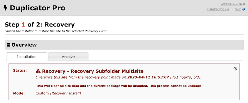 Multisite recovery wizard