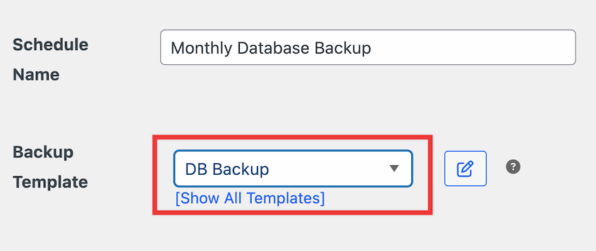 Select database backup template