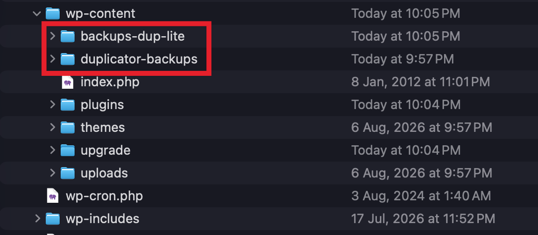 wp-content directory listing with two highlighted folders: backups-dupl-lite and duplicator-backups.
