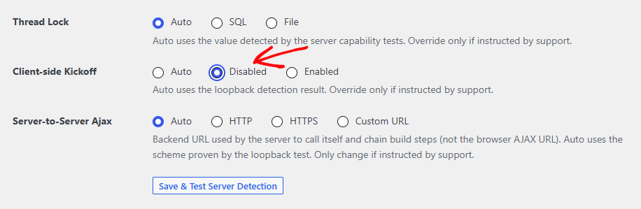 Settings panel: Thread Lock Auto, Client-side Kickoff Disabled, Server-to-Server Ajax Auto, and a Save & Test Server Detection button.”