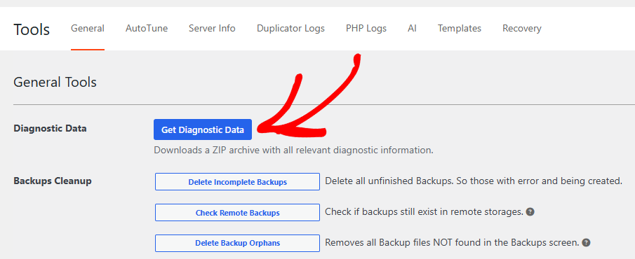 Interfaccia della pagina Strumenti che mostra Strumenti Generali con un pulsante blu prominente Ottieni Dati Diagnostici per scaricare uno ZIP di informazioni diagnostiche; la sezione Pulizia Backup elenca tre azioni con contorno blu.
