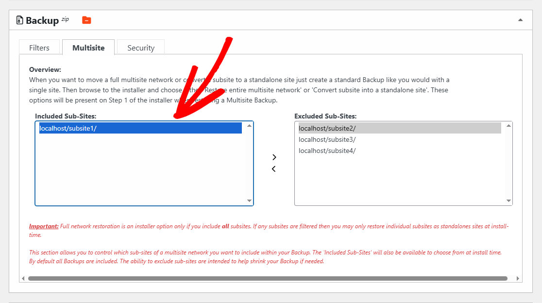 included subsite - Duplicator