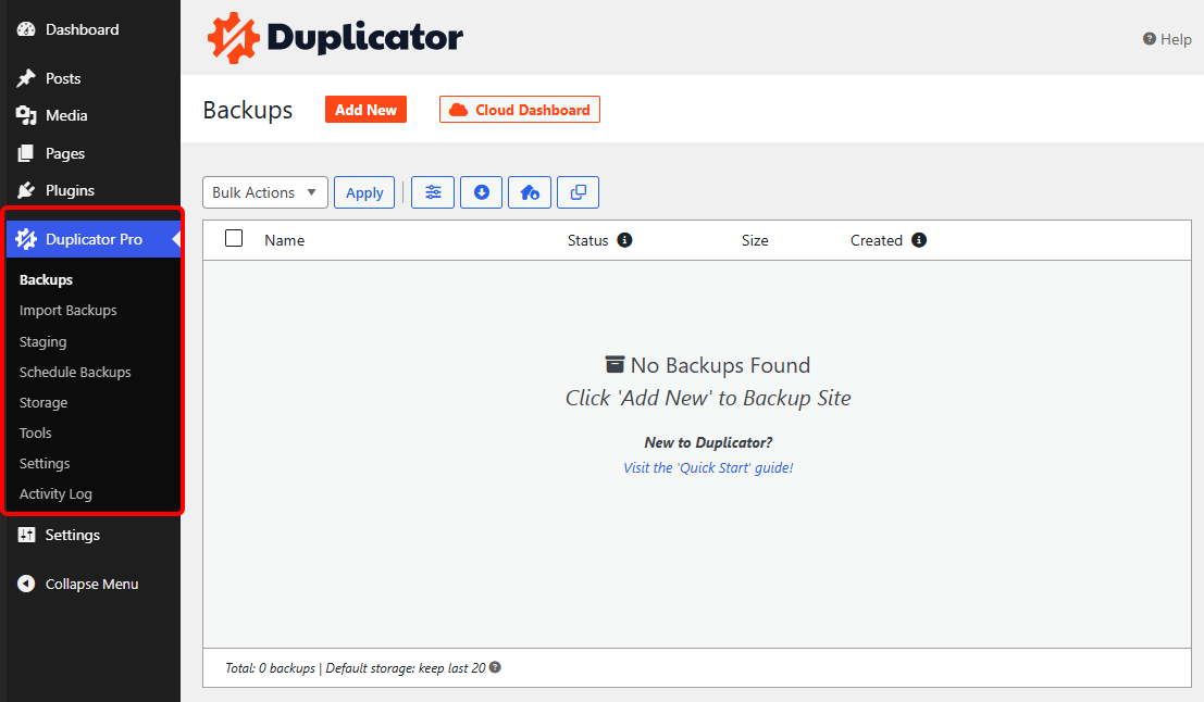 Página de copias de seguridad de Duplicator Pro en WordPress que no muestra copias de seguridad y un área de notificación pálida.