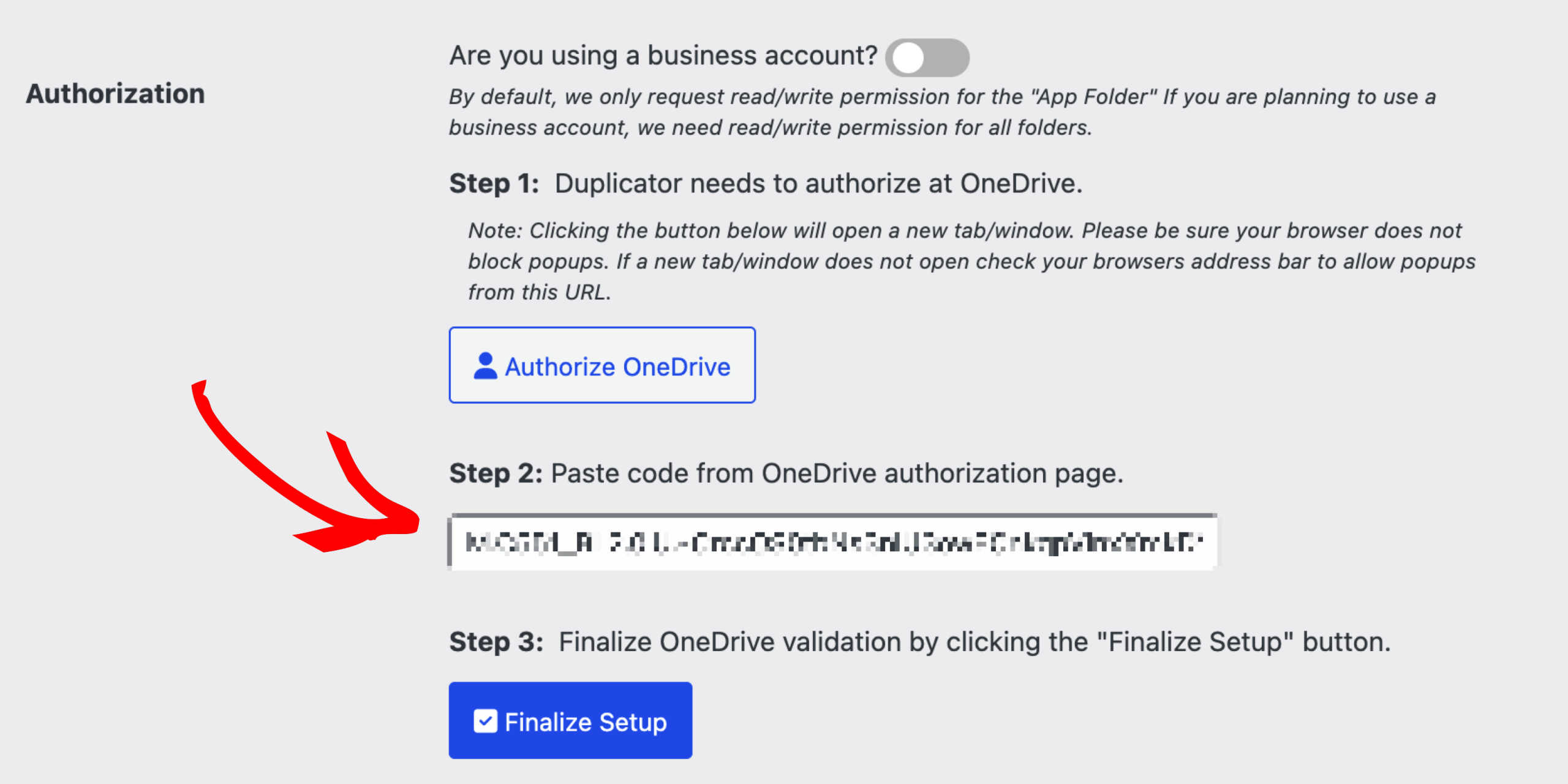 Paste-OneDrive-Authorization-Code - Duplicator