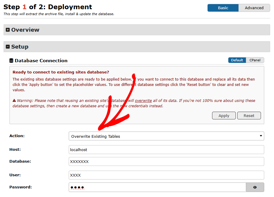 overwrite existing database tables - Duplicator