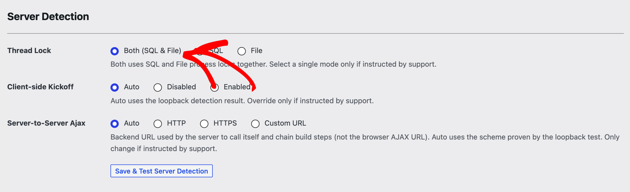 sqlandfilelock - Duplicator Configurações de Detecção de Servidor: Bloqueio de Tópico definido como Ambos SQL e Arquivo; Kickoff do Lado do Cliente Automático; Ajax de Servidor para Servidor Automático; botão Salvar e Testar Detecção de Servidor