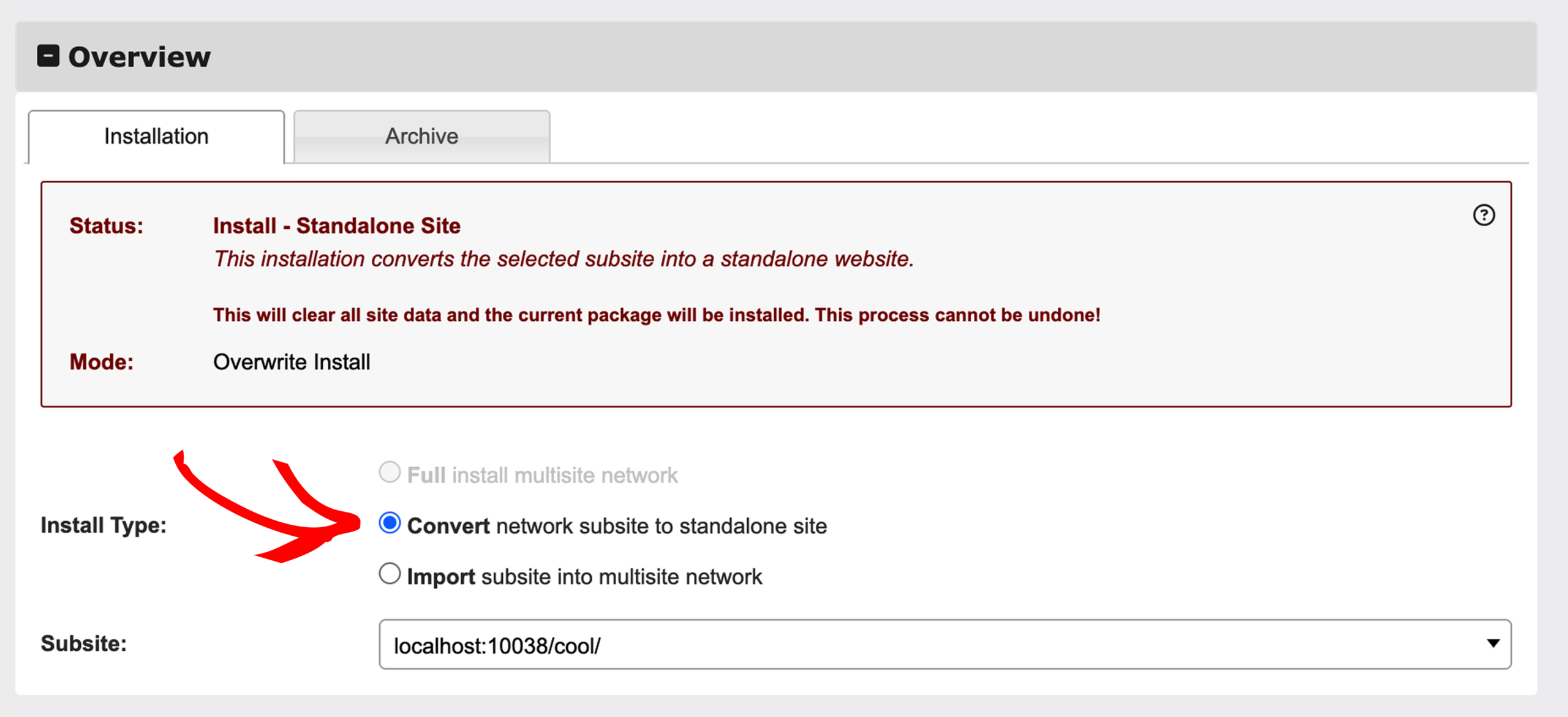 standalone-multisite - Duplikator UI: Installationsassistent zeigt „Netzwerkunterseite in eigenständige Website konvertieren“ ausgewählt, konvertiert eine Netzwerkunterseite in eine eigenständige Website mit der Unterseiten-URL localhost:10038/cool/