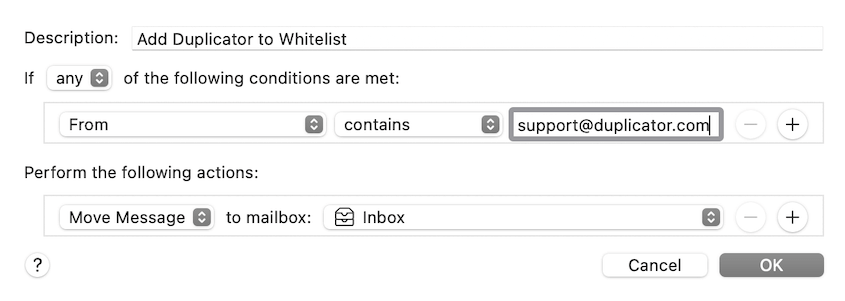 Whitelisting Duplicator emails in Apple Mail