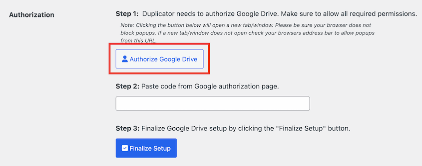 Authorize Google Drive storage