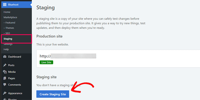 Bluehost create staging site