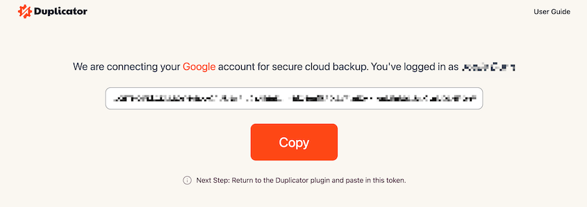 Duplicator access token for Google Drive storage