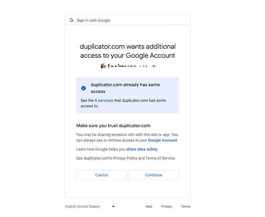 Giving Duplicator access to Google account