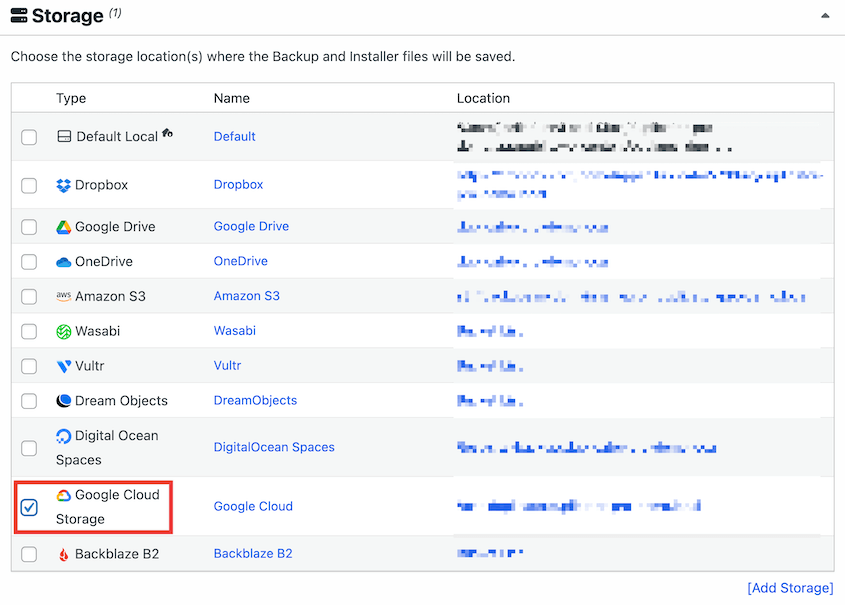 Google Cloud backup storage