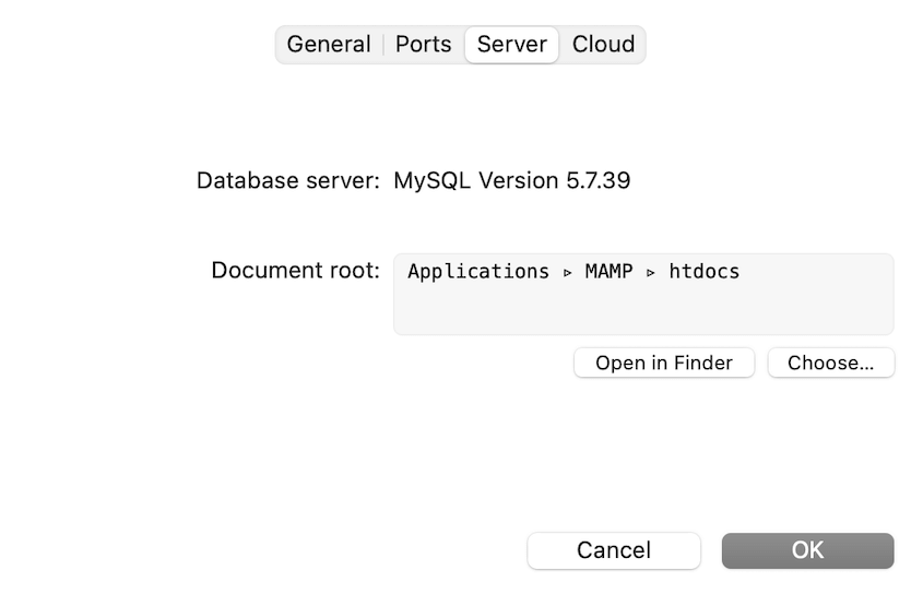MAMP server settings