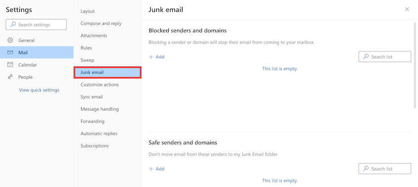 Microsoft Outlook junk email settings