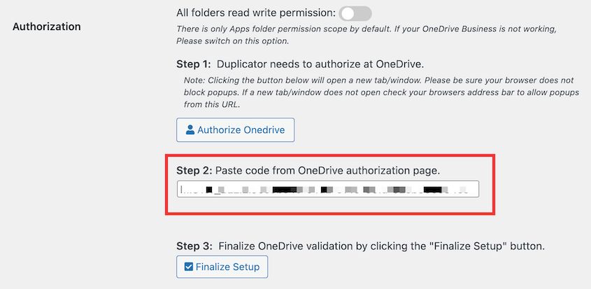 Paste OneDrive authorization code