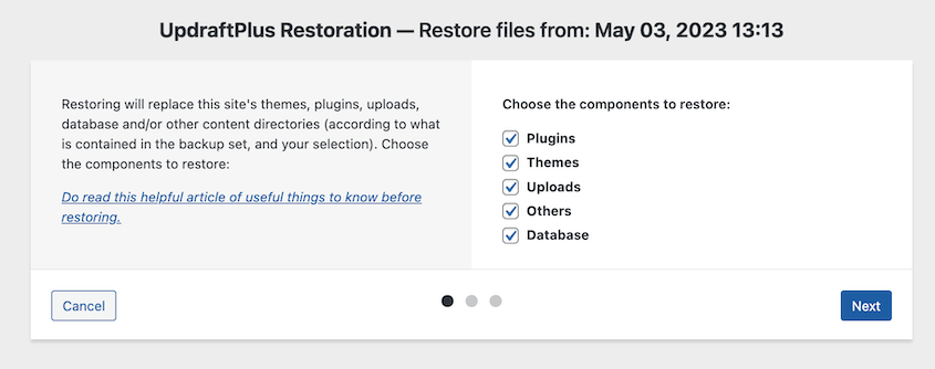 UpdraftPlus restore backup components