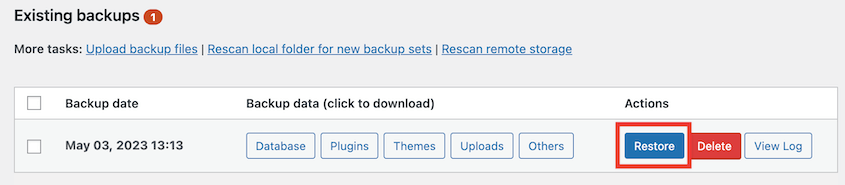 UpdraftPlus restore backup