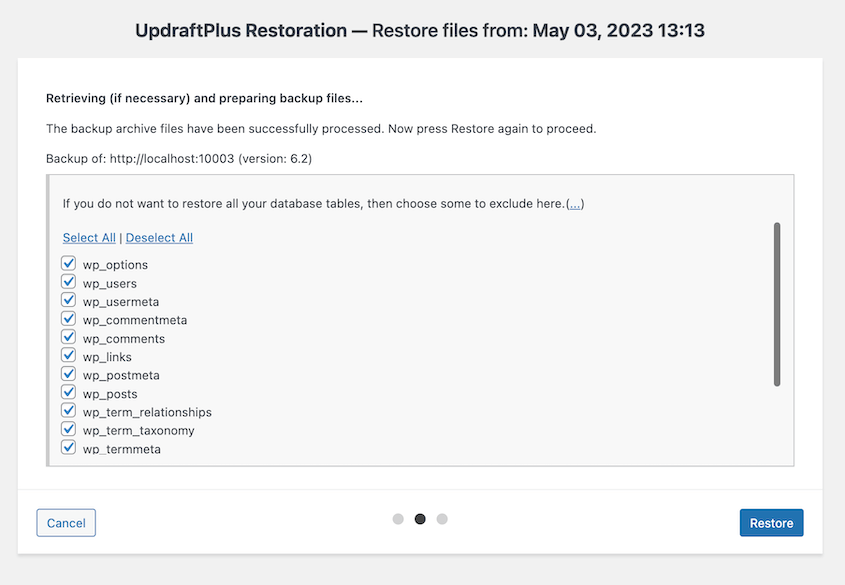UpdraftPlus restore database
