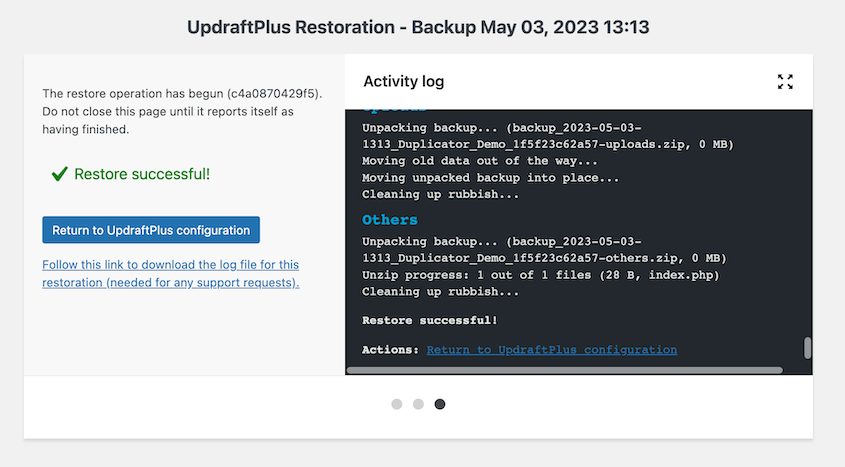 UpdraftPlus successful restored backup