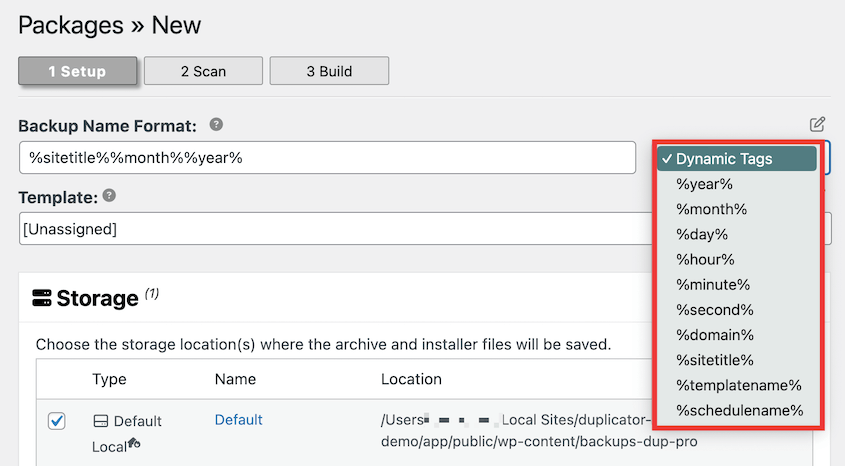 Backup name dynamic tags