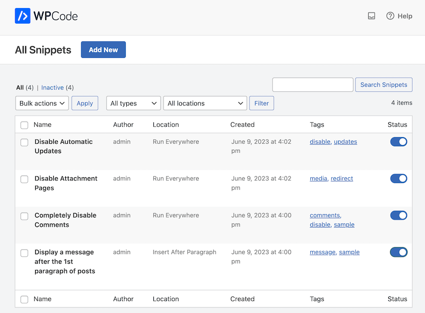 Code snippets dashboard