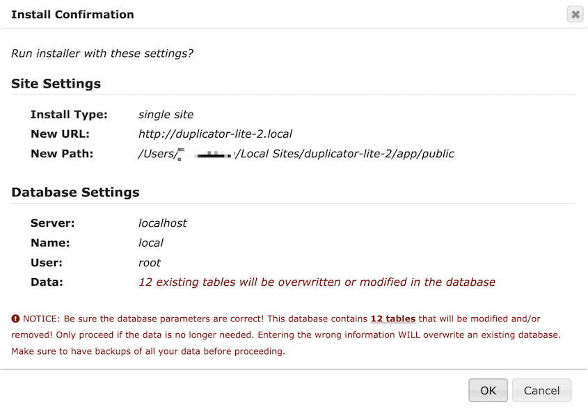 Confirm Duplicator Lite install settings