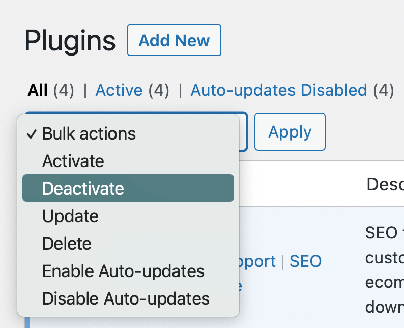 Deactivate WordPress plugins